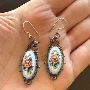 Russian Rostov Finift hand-painted floral enamel filigree drop earrings
